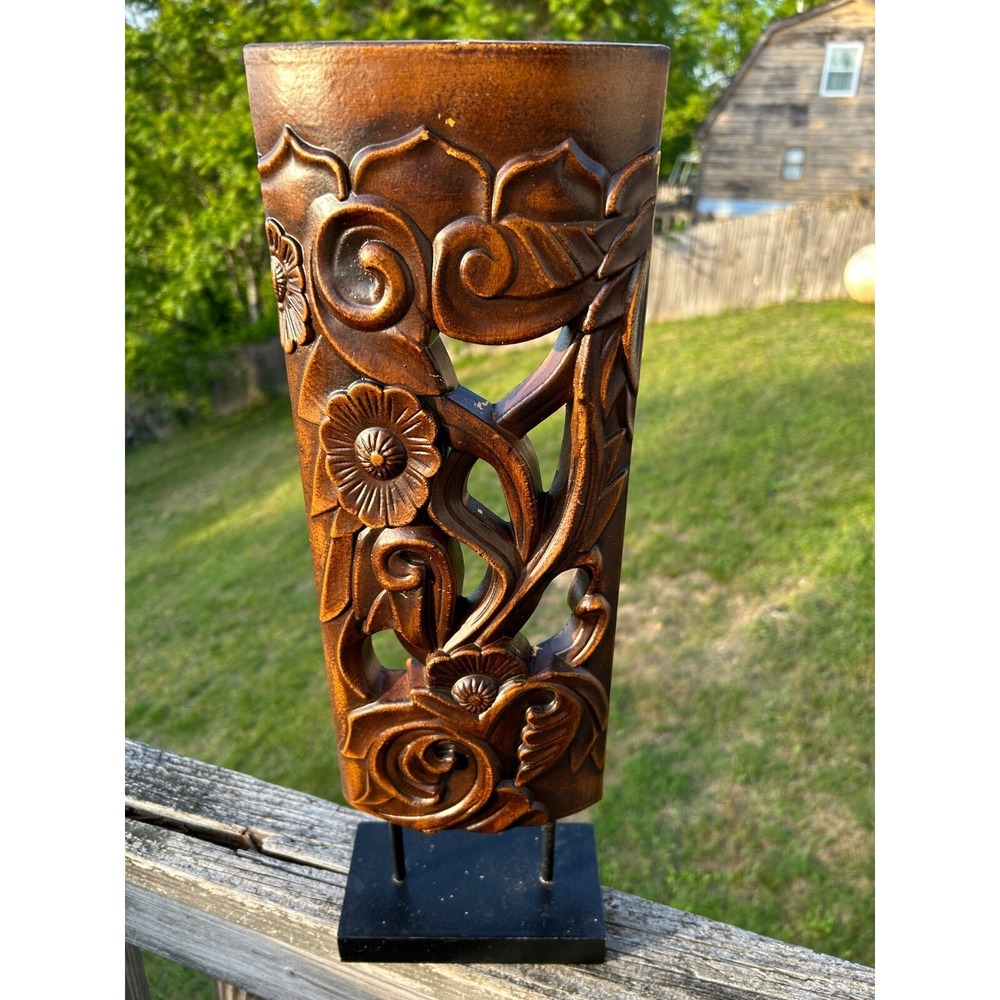 Decorative Floral Wood Carved Panel Sculpture on Stand ~Mystic Passage